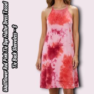 Preowned Wallflower Red Pink Tie Dye Halter Dress Tassel Tie Back Sleeveless Siz